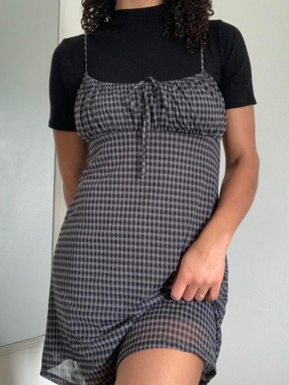 Aeropostale Black & Gray Gingham Slip Dress with Front Tie